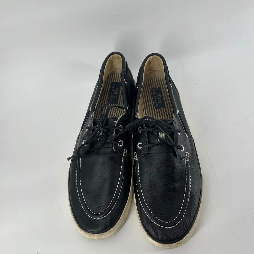 Polo Ralph Lauren Sander Mens 14D Black Leather Boat Shoes Sneakers 0200001087‎
